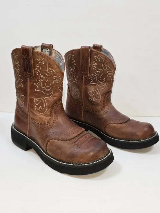 Ariat Fatbaby Brown Leather Chunky Embroidered Western Cowboy Boots Women's 7.5 - Picture 1 of 12